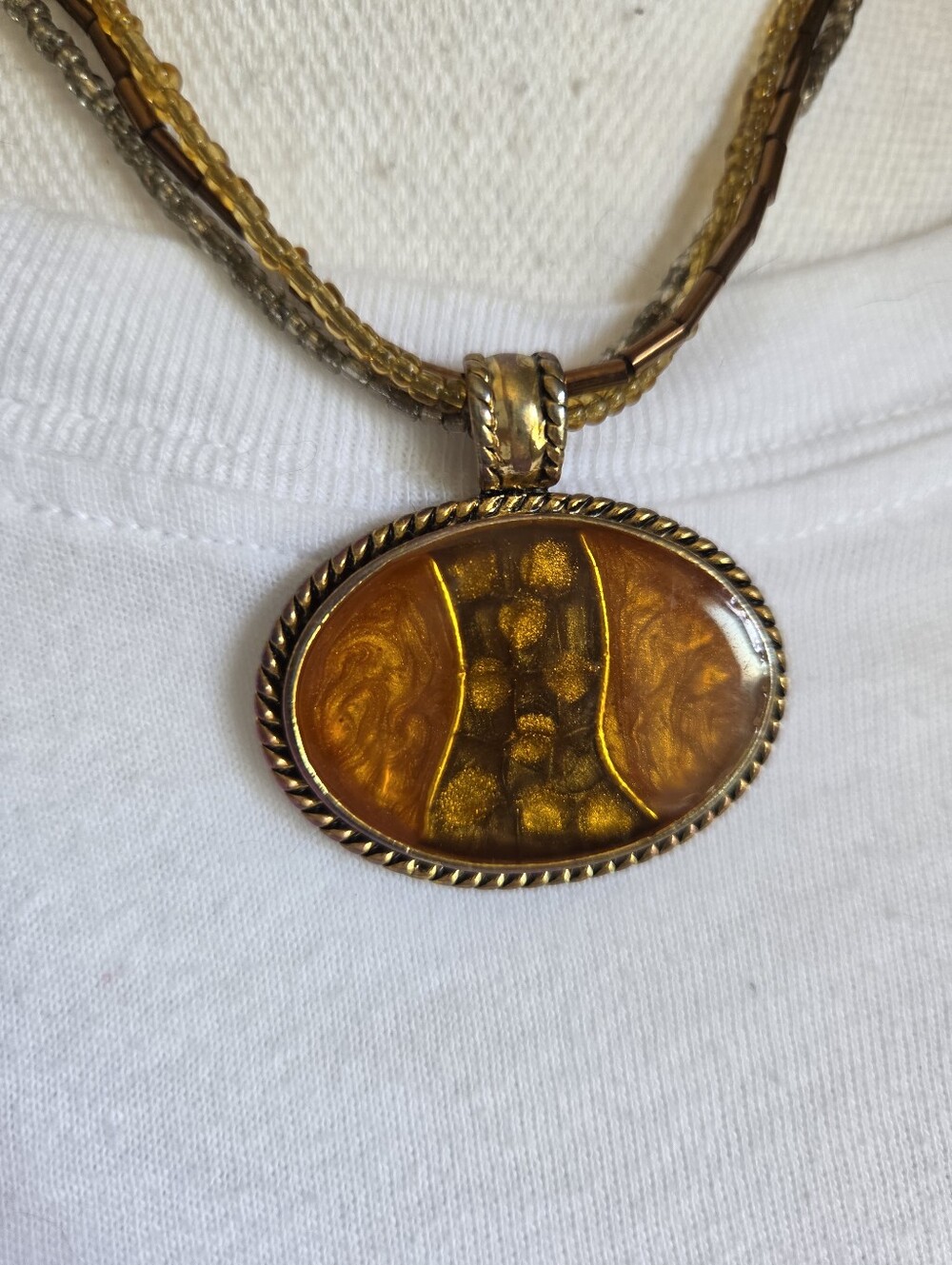 vintage kenneth cole amber swirl enamel oval pendant multi strand bead necklace